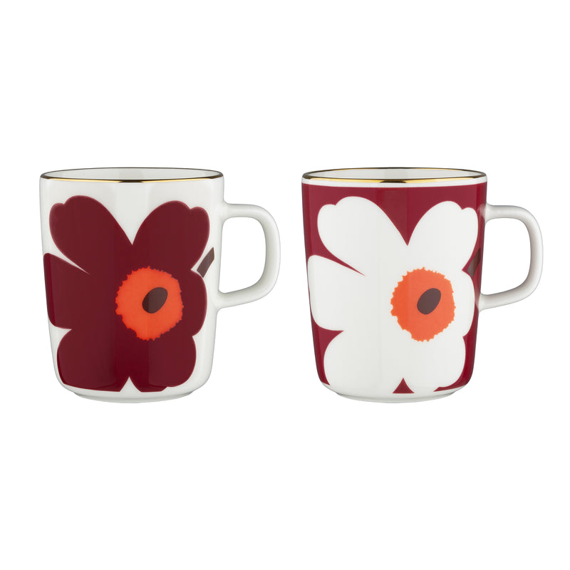 Marimekko - Oiva Juhla Unikko Becher mit Henkel | 2er-Set / weiß/burgundy/gold
